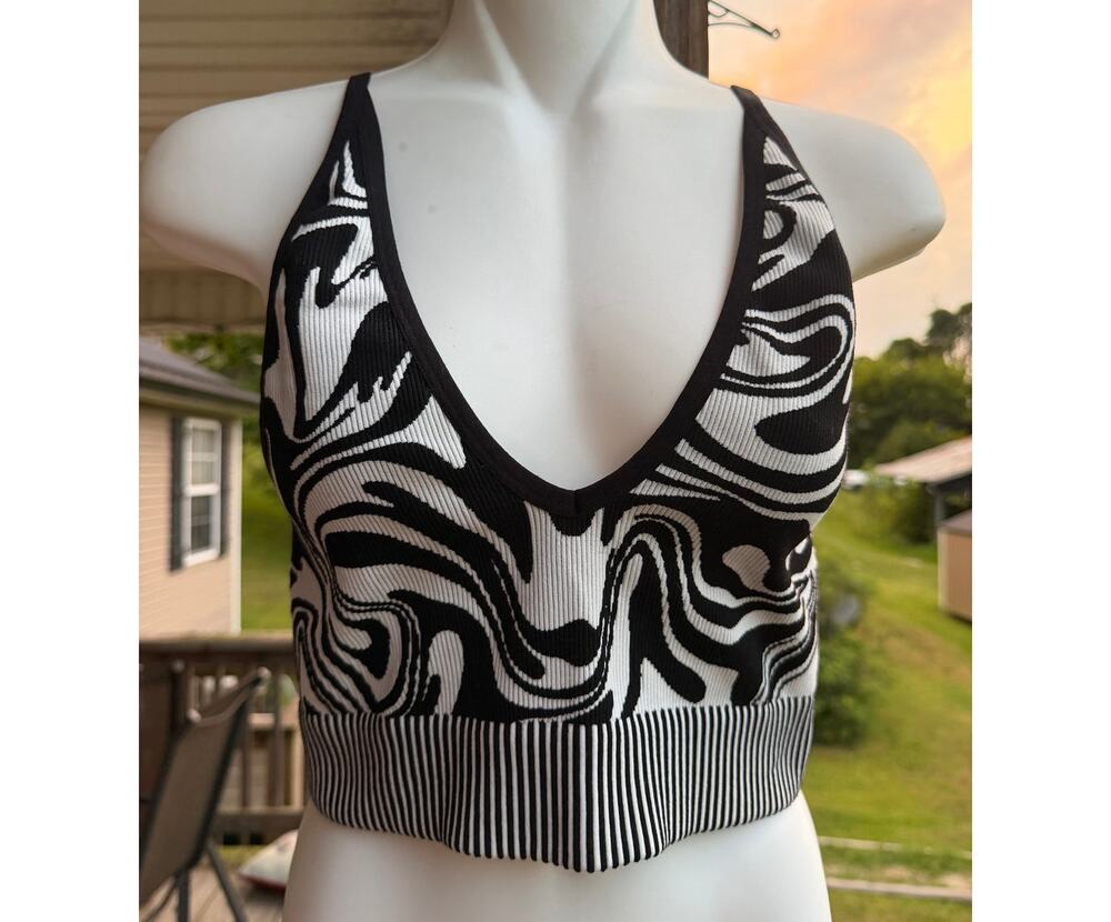 Y2K Retro Mod Garage Black&White Op Art Crop Top Bralette Size M Indie Festival